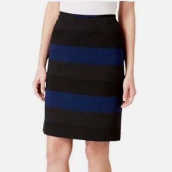 Tahari Blue Gray Black Horizontal Stripe Career Pencil Skirt - Picture 2 of 13